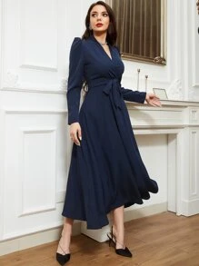 Modelyn Puff Sleeve Surplice Neck Belted Modest Long Sleeve Dress