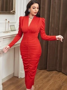 Modelyn 褶邊泡泡袖後背開衩緊身洋裝 - 紅色 - 查看 5