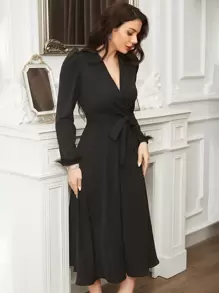 Modelyn Fuzzy Cuff Puff Sleeve Belted Dress - Black - View 6