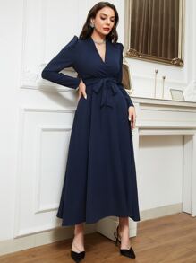 Modelyn Puff Sleeve Surplice Neck Belted Modest Long Sleeve Dress