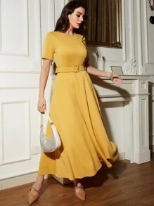 Modelyn Zip Back Belted A-line Dress - Yellow - View 5