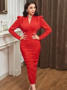 Modelyn 褶邊泡泡袖後背開衩緊身洋裝 - 紅色 - 查看 6