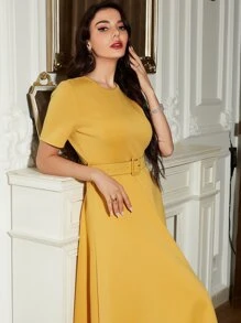 Modelyn Zip Back Belted A-line Dress - Yellow - View 6