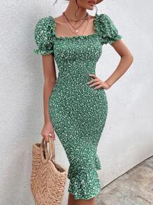 Breezaya 小碎花泡泡袖打褶緊身連衣裙 - 彩色 - 查看 1