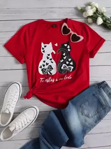 SHEIN LUNE Camiseta gato con con estampado de corazón - Rojo - Ver 1
