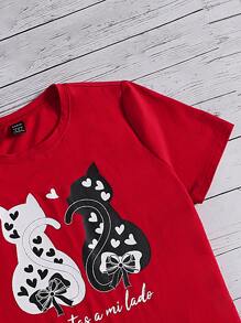 SHEIN LUNE Camiseta gato con con estampado de corazón - Rojo - Ver 3