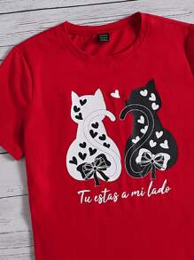 SHEIN LUNE Camiseta gato con con estampado de corazón - Rojo - Ver 4