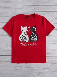 SHEIN LUNE Camiseta gato con con estampado de corazón - Rojo - Ver 5