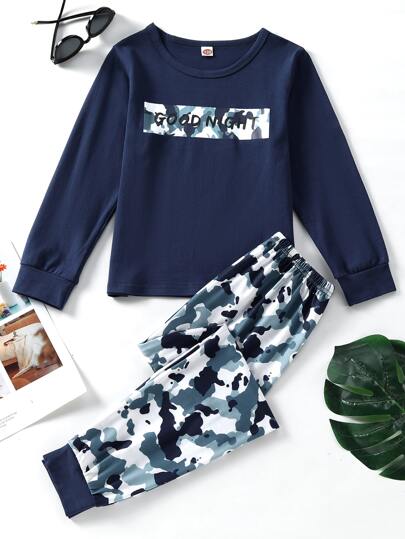 مجموعة بيجامة أولاد بأكمام طويلة وبنطال طويل، بطبعة رقمية بنمط الكاموفلاج وخطوط كاموفلاج باللون الأزرق، مناسبة للخريف والشتاء، 2 قطعة
