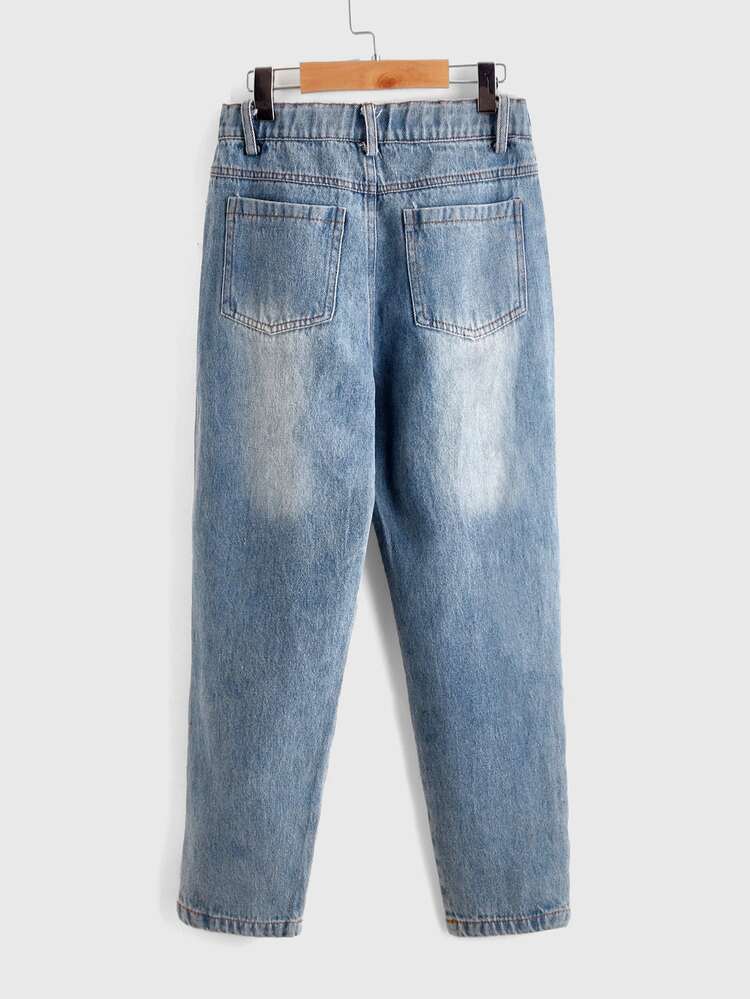 بنات بنطلون جينز مدبب ممزق مغسول - أزرق متوسط - مشاهدة 2