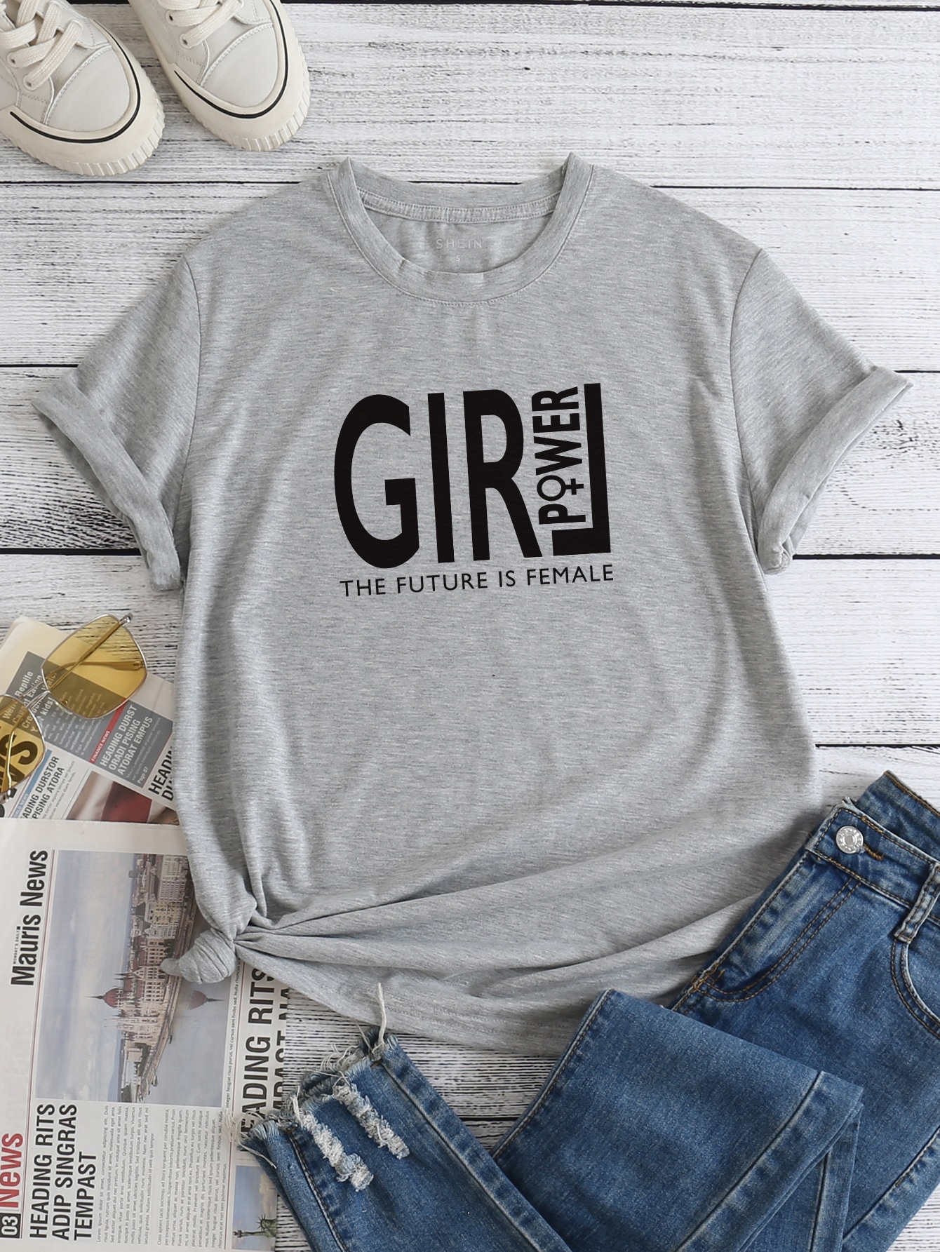 Camiseta con estampado de slogan de cuello redondo | Mode de Mujer | SHEIN  España