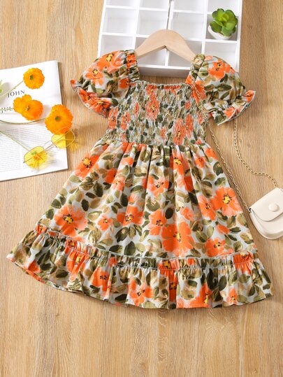 SHEIN Toddler Girls Allover Floral Print Frill Neck Shirred Puff Sleeve Ruffle Hem Dress