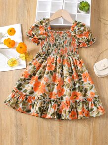 SHEIN Toddler Girls Allover Floral Print Frill Neck Shirred Puff Sleeve Ruffle Hem Dress - Multicolor - View 2