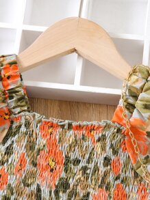 SHEIN Toddler Girls Allover Floral Print Frill Neck Shirred Puff Sleeve Ruffle Hem Dress - Multicolor - View 3