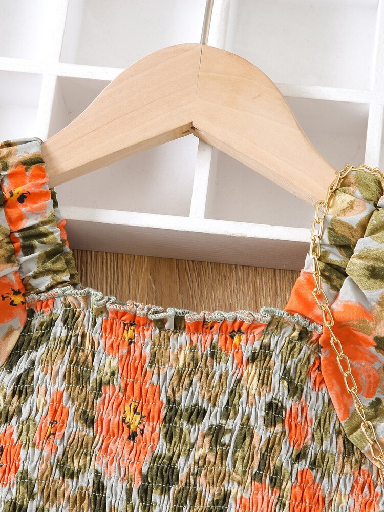 SHEIN 小女童滿版印花褶邊領打褶泡泡袖荷葉邊連衣裙 - 彩色 - 查看 3