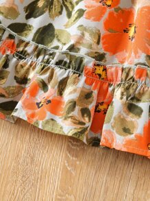 SHEIN Toddler Girls Allover Floral Print Frill Neck Shirred Puff Sleeve Ruffle Hem Dress - Multicolor - View 4