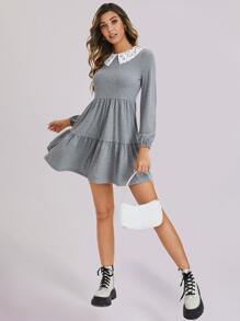 SHEIN Đầm Tương phản ren Khối Màu Thanh lịch - Màu Xám nhạt - Xem 3