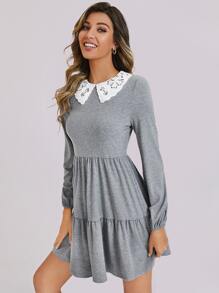 SHEIN Đầm Tương phản ren Khối Màu Thanh lịch - Màu Xám nhạt - Xem 4