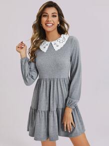 SHEIN Đầm Tương phản ren Khối Màu Thanh lịch - Màu Xám nhạt - Xem 5