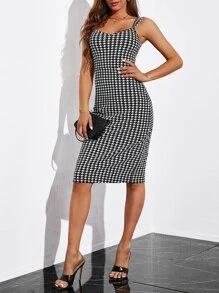 SHEIN Privé Houndstooth Print Cami Bodycon Dress - Black and White - View 5