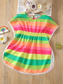 Toddler Girls Rainbow Striped Contrast Lace Trim Cover Up - Green - View 1