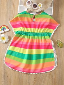 Toddler Girls Rainbow Striped Contrast Lace Trim Cover Up - Green - View 2