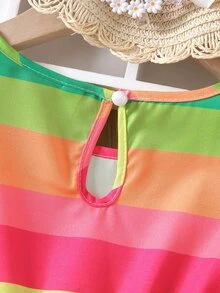 Toddler Girls Rainbow Striped Contrast Lace Trim Cover Up - Green - View 3