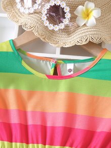 Toddler Girls Rainbow Striped Contrast Lace Trim Cover Up - Green - View 5