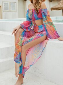 Allover Print Bardot Cover Up Top With Trousers Set - Multicolor - View 1