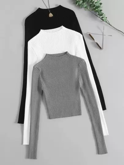 Franclia Set de 3 suéteres de punto acanalado de cuello medio, tops de manga larga