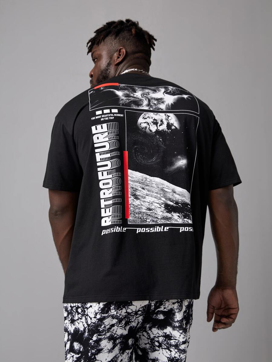 GENTILAND Men Plus Letter & Galaxy Print Tee - Black - View 1