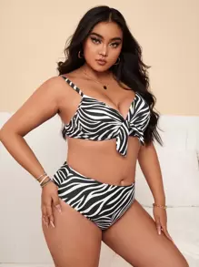 SHEIN Swim Curve Plus Size Zebra Stripe Knot Bikini Set Summer Beach - Black and White - View 3