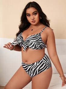 SHEIN Swim Curve Plus Size Zebra Stripe Knot Bikini Set Summer Beach - Black and White - View 4