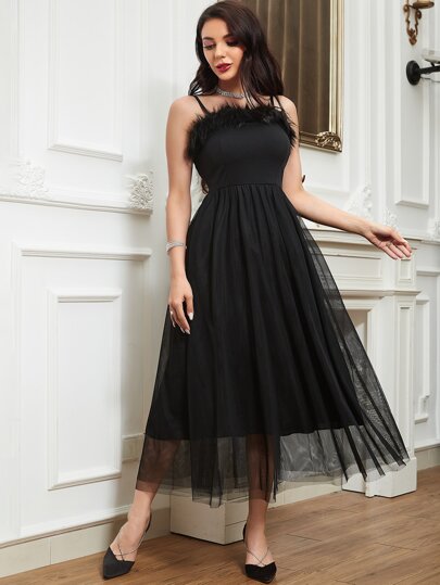 فستان كامي مقلم زغبي شبكي شامل