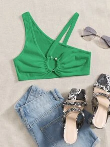 SHEIN ICON Áo nữ Nhẫn Gân đan màu trơn Gợi cảm - màu xanh lá - Xem 1