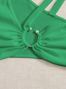 SHEIN ICON Áo nữ Nhẫn Gân đan màu trơn Gợi cảm - màu xanh lá - Xem 4