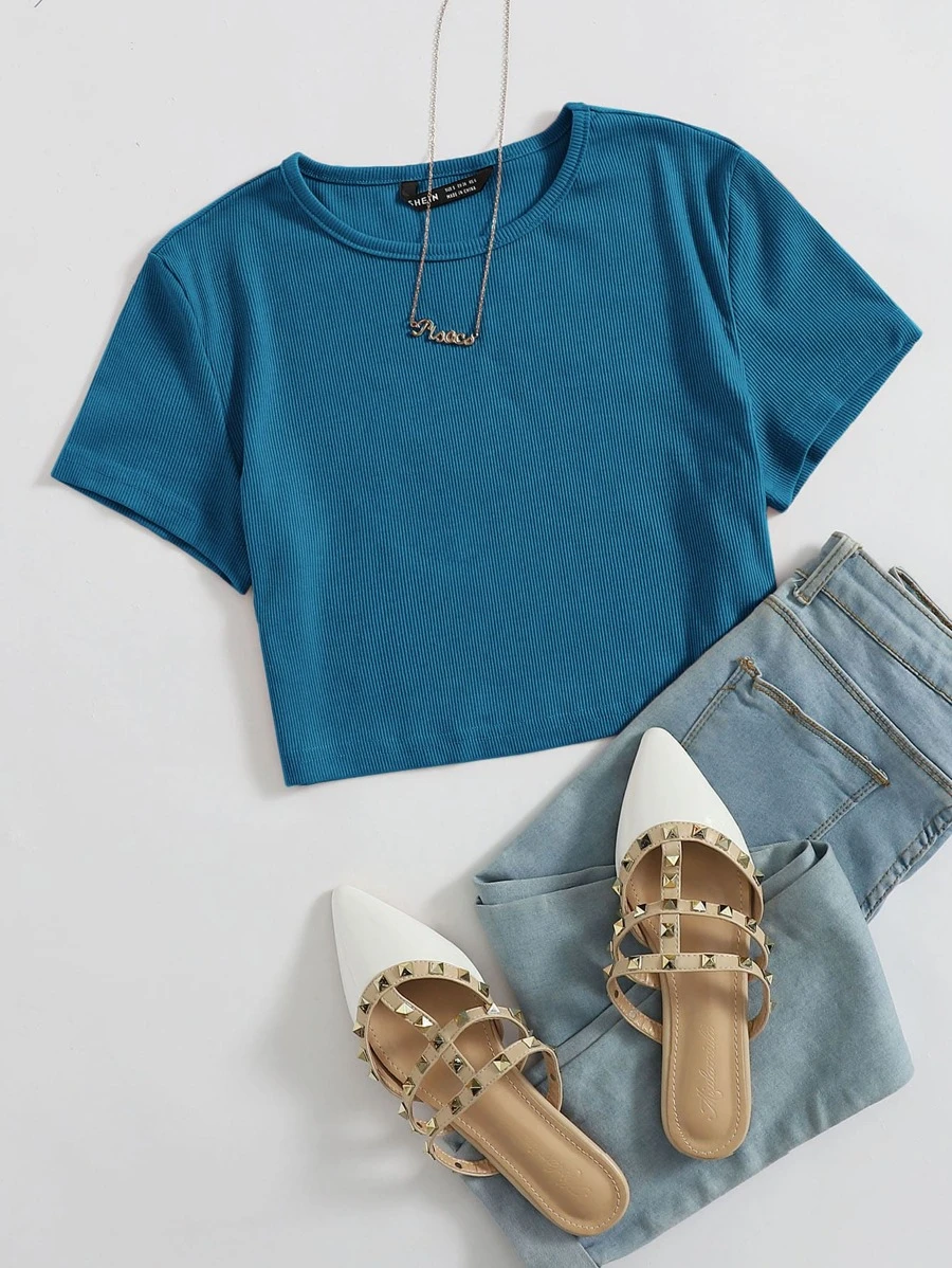 Muchica Solid Rib Knit Crop Tee - Blue - View 1