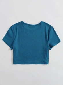 Muchica Solid Rib Knit Crop Tee - Blue - View 2