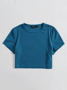 Muchica Solid Rib Knit Crop Tee - Blue - View 3