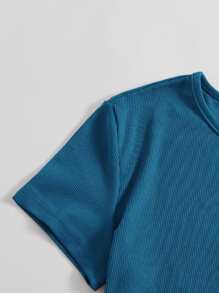 Muchica Solid Rib Knit Crop Tee - Blue - View 4
