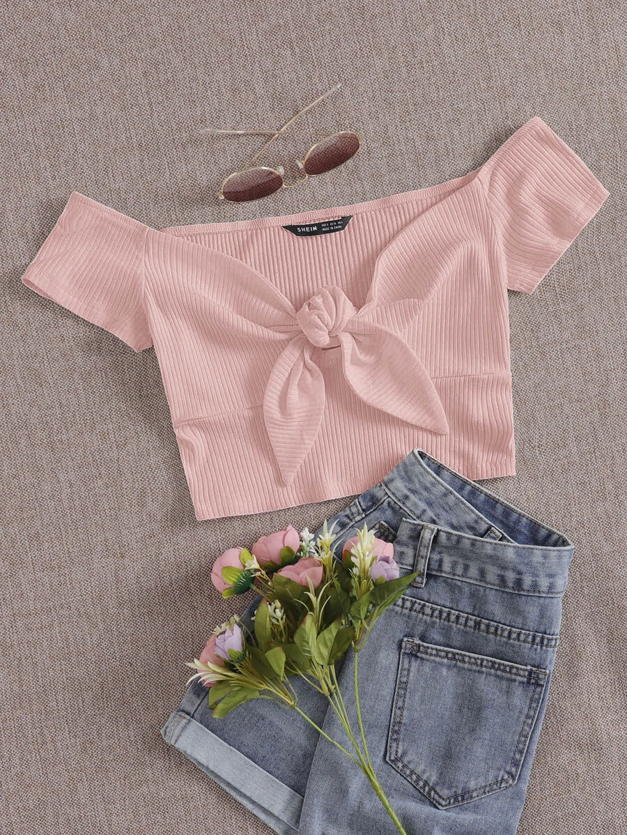 SHEIN Qutie Áo thun nữ Thắt nút Gân đan màu trơn Giải trí - Màu Hồng baby - Xem 1