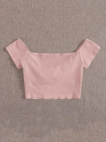 SHEIN Qutie Áo thun nữ Thắt nút Gân đan màu trơn Giải trí - Màu Hồng baby - Xem 2