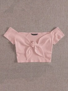 SHEIN Qutie Áo thun nữ Thắt nút Gân đan màu trơn Giải trí - Màu Hồng baby - Xem 3