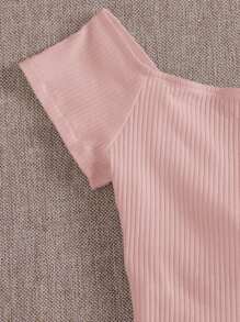 SHEIN Qutie Áo thun nữ Thắt nút Gân đan màu trơn Giải trí - Màu Hồng baby - Xem 4