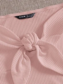 SHEIN Qutie Áo thun nữ Thắt nút Gân đan màu trơn Giải trí - Màu Hồng baby - Xem 5
