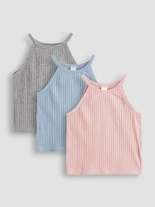 SHEIN Tween Girl 3pcs Cotton Ribbed Knit Solid Halter Top - Multicolor - View 1