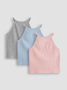 SHEIN Tween Girl 3pcs Cotton Ribbed Knit Solid Halter Top - Multicolor - View 2