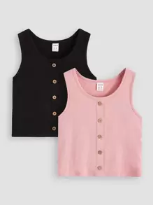 SHEIN Áo ba lỗ dệt kim cài nút phía trước màu trơn cho bé gái tuổi mới lớn 2 chiếc/bộ - Nhiều màu - Xem 1