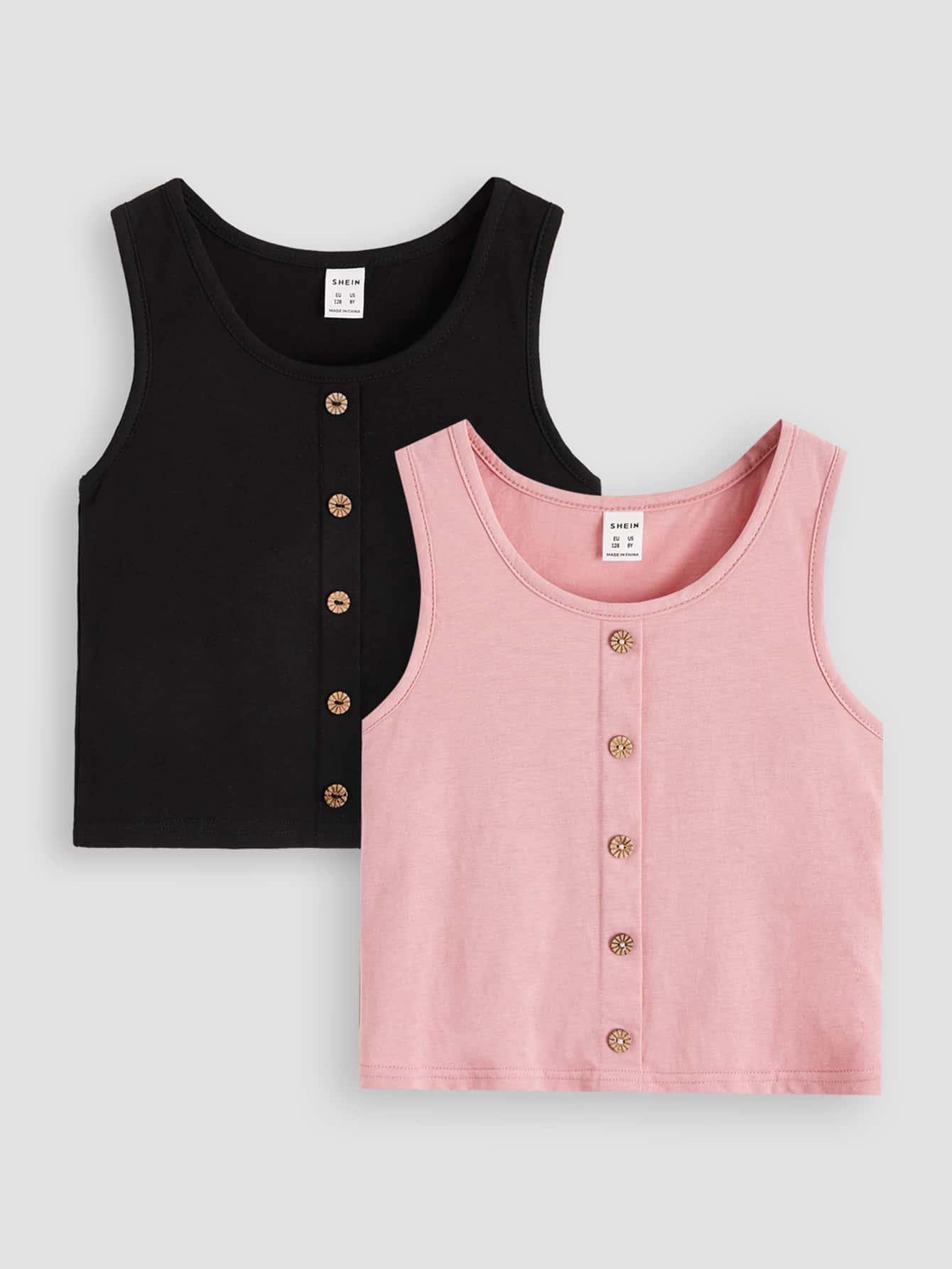 SHEIN Áo ba lỗ dệt kim cài nút phía trước màu trơn cho bé gái tuổi mới lớn 2 chiếc/bộ - Nhiều màu - Xem 1