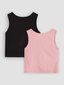 SHEIN Áo ba lỗ dệt kim cài nút phía trước màu trơn cho bé gái tuổi mới lớn 2 chiếc/bộ - Nhiều màu - Xem 2